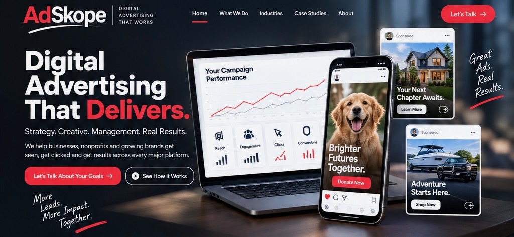 AdSkope digital advertising campaigns displayed across a laptop, phone and campaign cards