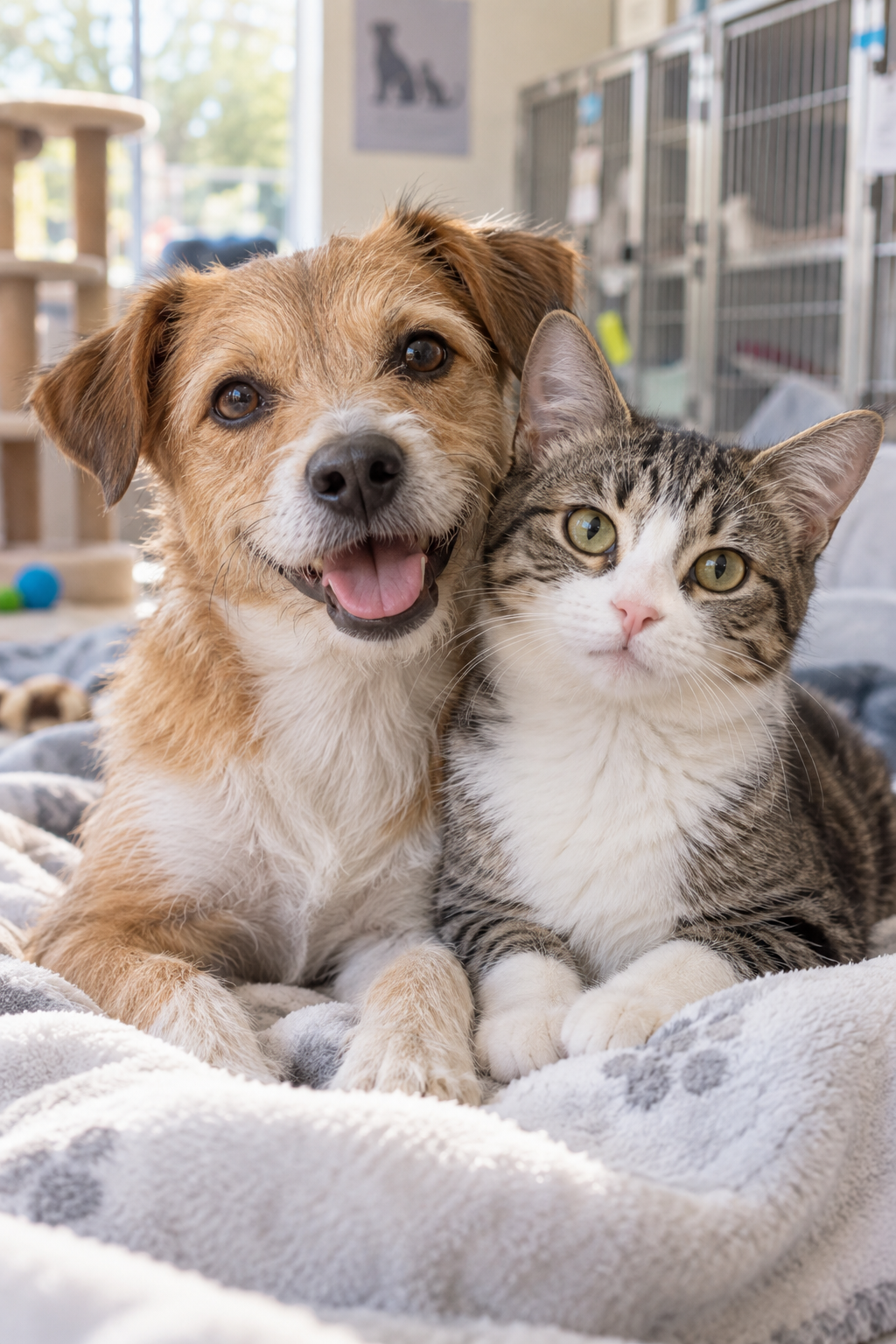 A hopeful dog and cat together in an animal shelter